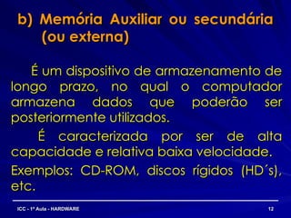 b) Memória Auxiliar ou secundária
b) Memória Auxiliar ou secundária
(ou externa)
(ou externa)
É um dispositivo de armazenamento de
É um dispositivo de armazenamento de
longo prazo, no qual o computador
longo prazo, no qual o computador
armazena dados que poderão ser
armazena dados que poderão ser
posteriormente utilizados.
posteriormente utilizados.
É caracterizada por ser de alta
É caracterizada por ser de alta
capacidade e relativa baixa velocidade.
capacidade e relativa baixa velocidade.
Exemplos: CD-ROM, discos rígidos (HD´s),
Exemplos: CD-ROM, discos rígidos (HD´s),
etc.
etc.
12
12
ICC - 1ª Aula - HARDWARE
ICC - 1ª Aula - HARDWARE
 