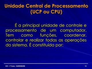 Unidade Central de Processamento
Unidade Central de Processamento
(UCP ou CPU)
(UCP ou CPU)
É a principal unidade de controle e
É a principal unidade de controle e
processamento de um computador.
processamento de um computador.
Tem como funções, coordenar,
Tem como funções, coordenar,
controlar e realizar todas as operações
controlar e realizar todas as operações
do sistema. É constituída por:
do sistema. É constituída por:
13
13
ICC - 1ª Aula - HARDWARE
ICC - 1ª Aula - HARDWARE
 