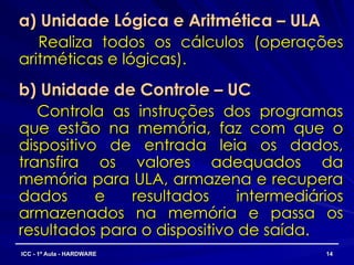 a) Unidade Lógica e Aritmética – ULA
a) Unidade Lógica e Aritmética – ULA
Realiza todos os cálculos (operações
Realiza todos os cálculos (operações
aritméticas e lógicas).
aritméticas e lógicas).
b) Unidade de Controle – UC
b) Unidade de Controle – UC
Controla as instruções dos programas
Controla as instruções dos programas
que estão na memória, faz com que o
que estão na memória, faz com que o
dispositivo de entrada leia os dados,
dispositivo de entrada leia os dados,
transfira os valores adequados da
transfira os valores adequados da
memória para ULA, armazena e recupera
memória para ULA, armazena e recupera
dados e resultados intermediários
dados e resultados intermediários
armazenados na memória e passa os
armazenados na memória e passa os
resultados para o dispositivo de saída.
resultados para o dispositivo de saída.
14
14
ICC - 1ª Aula - HARDWARE
ICC - 1ª Aula - HARDWARE
 