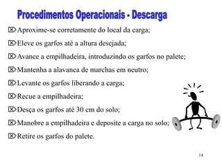 14
Aproxime-se corretamente do local da carga;
Eleve os garfos até a altura desejada;
Avance a empilhadeira, introduzindo os garfos no palete;
Mantenha a alavanca de marchas em neutro;
Levante os garfos liberando a carga;
Recue a empilhadeira;
Desça os garfos até 30 cm do solo;
Manobre a empilhadeira e deposite a carga no solo;
Retire os garfos do palete.
 