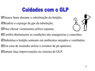 16
Nunca fume durante a substituição do botijão;
Realize o expurgo da gás da tubulação;
Para checar vazamentos utilize espuma;
Confira diariamente as condições das mangueiras e conexões;
Substitua o botijão somente em ambientes arejados e ventilados;
Em caso de incêndio utilize o extintor de pó químico;
Jamais faça improvisações no sistema de GLP.
 