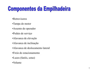 7
•Retrovisores
•Tampa do motor
•Assento do operador
•Pedais de serviço
•Alavanca de elevação
•Alavanca de inclinação
•Alavanca de deslocamento lateral
•Freio de estacionamento
•Luzes (faróis, setas)
•Volante
 