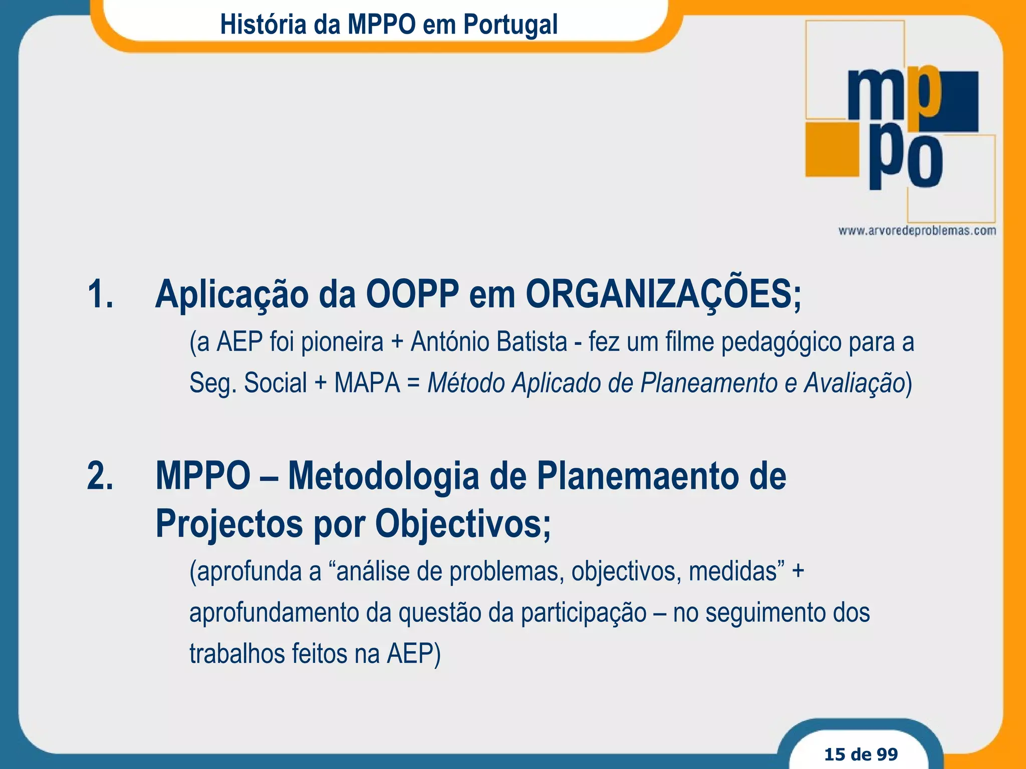 História da MPPO em Portugal Aplicação da OOPP em ORGANIZAÇÕES ; (a AEP foi pioneira + António Batista - fez um filme pedagógico para a Seg. Social + MAPA =  Método Aplicado de Planeamento e Avaliação ) MPPO  – Metodologia de Planemaento de Projectos por Objectivos ; (aprofunda a “análise de problemas, objectivos, medidas”  + aprofundamento da questão da participação –  no seguimento dos trabalhos feitos na AEP) 