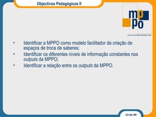 Objectivos Pedagógicos II Identificar a MPPO como modelo facilitador da criação de espaços de troca de saberes; Identificar os diferentes níveis de informação constantes nos  outputs  da MPPO; Identificar a relação entre os  outputs  da MPPO.  