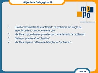 Objectivos Pedagógicos III Escolher ferramentas de levantamento de problemas em função da especificidade do campo de intervenção; Identificar o procedimento para efectuar o levantamento de problemas; Distinguir “problema” de “objectivo”; Identificar regras e critérios da definição dos “problemas”; 
