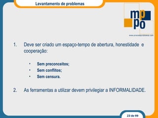 Levantamento de problemas Deve ser criado um espaço-tempo de abertura, honestidade  e cooperação: Sem preconceitos; Sem conflitos; Sem censura. As ferramentas a utilizar devem privilegiar a INFORMALIDADE. 