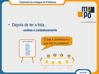 Tratamento da Listagem de Problemas Depois de ter a lista... analise-a cuidadosamente O que é problema e o que não é problema? LISTA DE PROBLEMAS Fdaddad Sasdbakdb Asdbakbdk Asdjabkdjb Asdjbkb Sdadsadasd dsadasdad Asdadasda Asdsadsad 