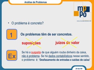 Análise de Problemas O problema é concreto? Os problemas têm de ser concretos. suposições juízos de valor Se há a   suspeita   de que alguém rouba dinheiro da caixa,  não é problema . S e há  dados contabilísticos  nesse sentido, o problema  é:  “ Desfasamento de entradas e saídas de caixa ” 