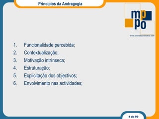 Princípios da Andragogia Funcionalidade percebida; Contextualização; Motivação intrínseca; Estruturação; Explicitação dos objectivos; Envolvimento nas actividades; 