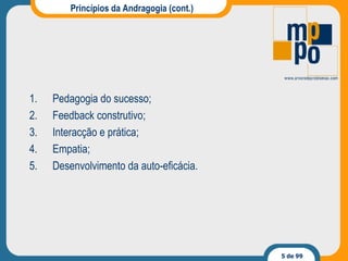 Princípios da Andragogia (cont.) Pedagogia do sucesso; Feedback construtivo; Interacção e prática; Empatia; Desenvolvimento da auto-eficácia. 