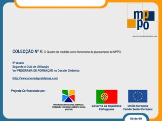 Projecto Co-financiado por: Governo da República Portuguesa União Europeia Fundo Social Europeu 5ª sessão Segundo o Guia de Utilização Ver PROGRAMA DE FORMAÇÃO no Dossier Dinâmico ( http://www.arvoredeproblemas.com ) COLECÇÃO Nº 4:  O Quadro de medidas como ferramenta de planeamento da MPPO. 