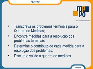 SÍNTESE Transcreva os problemas terminais para o Quadro de Medidas; Encontre medidas para a resolução dos problemas terminais; Determine o contributo de cada medida para a resolução dos problemas; Discuta e valide o quadro de medidas. 