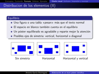 Conceptos Contenido Formato Defensa Ejemplos Diseño visual Software Impresión y montaje
Distribucion de los elementos (II)
Equilibrio
Una ﬁgura o una tabla «pesan» más que el texto normal
El espacio en blanco también cuenta en el equilibrio
Un póster equilibrado es agradable y reparte mejor la atención
Posibles ejes de simetría: vertical, horizontal o diagonal
Sin simetría Horizontal Horizontal y vertical
Antonio García Domínguez Elaboración de un buen póster cientíﬁco
 