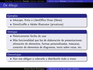 Conceptos Contenido Formato Defensa Ejemplos Diseño visual Software Impresión y montaje
De dibujo
Ejemplos
Inkscape, Krita o LibreOﬃce Draw (libres)
OmniGraﬄe o Adobe Illustrator (privativos)
Ventajas
Relativamente fáciles de usar
Más funcionalidad que los de elaboración de presentaciones:
alineación de elementos, formas personalizadas, máscaras,
conexión de elementos de diagramas, texto sobre rutas, etc.
Desventajas
Aún nos obligan a colocarlo y distribuirlo todo a mano
Antonio García Domínguez Elaboración de un buen póster cientíﬁco
 