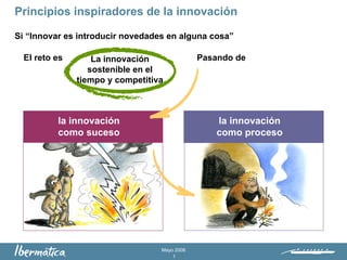 Principios inspiradores de la innovación

Si “Innovar es introducir novedades en alguna cosa”

  El reto es                                  Pasando de
                   La innovación
                  sostenible en el
               tiempo y competitiva



          la innovación                           la innovación
          como suceso                             como proceso




                                  Mayo 2008
                                      1