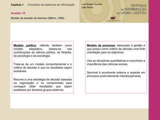 Capítulo 1   Conceitos de sistemas de informação   Acetato 10 Modelo de decisão de Harrison (Bilhim, 1999) Modelo político : referido também como modelo adaptativo, baseia-se nas contribuições da ciência política, da filosofia, da psicologia e da sociologia.  Trata-se de um modelo comportamental e o critério de decisão é que os resultados sejam aceitáveis.  Recorre a uma estratégia de decisão baseada na negociação e no compromisso para conseguir obter resultados que sejam aceitáveis por diversos grupos externos. Modelo de processo : associado à gestão e que possui como critério de decisão uma forte orientação para os objectivos.  Usa as disciplinas quantitativas e reconhece a importância das ciências sociais.  Sensível à envolvente externa e assente em princípios profundamente interdisciplinares. 