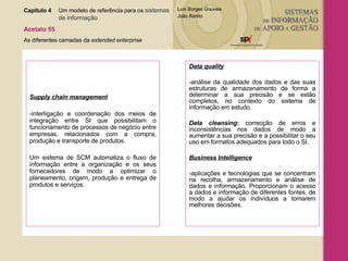Supply chain management -interligação e coordenação dos meios de integração entre SI que possibilitam o funcionamento de processos de negócio entre empresas, relacionados com a compra, produção e transporte de produtos. Um  sistema de SCM automatiza o fluxo de informação entre a organização e os seus fornecedores de modo a optimizar o planeamento, origem, produção e entrega de produtos e serviços. Data quality -análise da qualidade dos dados e das suas estruturas de armazenamento de forma a determinar a sua precisão e se estão completos, no contexto do sistema de informação em estudo.  Data cleansing :   correcção de erros e inconsistências nos dados de modo a aumentar a sua precisão e a possibilitar o seu uso em formatos adequados para todo o SI. Business Intelligence -aplicações e tecnologias que se concentram na recolha, armazenamento e análise de dados e informação. Proporcionam o acesso a dados e informação de diferentes fontes, de modo a ajudar os indivíduos a tomarem melhores decisões. Capítulo 4 Um modelo de referência para os  sistemas  de informação   Acetato 55 As diferentes camadas da  extended enterprise 