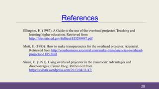 References
Ellington, H. (1987). A Guide to the use of the overhead projector. Teaching and
learning higher education. Retrieved from
http://files.eric.ed.gov/fulltext/ED289497.pdf
Mott, E. (1983). How to make transparencies for the overhead projector. Azcentral.
Retrieved from http://yourbusiness.azcentral.com/make-transparencies-overhead-
projector-1185.html
Sinan, C. (1991). Using overhead projector in the classroom: Advantages and
disadvantages. Csinan Blog. Retrieveed from
https://csinan.wordpress.com/2013/04/11/47/
28
 