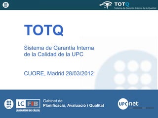 TOTQ
Sistema de Garantía Interna
de la Calidad de la UPC


CUORE, Madrid 28/03/2012



       Gabinet de
       Planificació, Avaluació i Qualitat
 