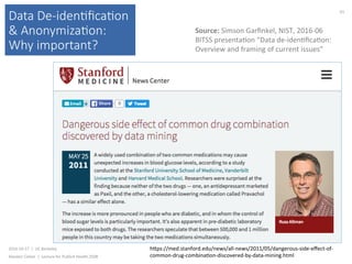 Data De-iden(ﬁca(on
& Anonymiza(on:
Why important?
2016-10-17		|		UC	Berkeley	
Alasdair	Cohen		|		Lecture	for	Publich	Health	250B	
61	
Source:	Simson	Garﬁnkel,	NIST,	2016-06	
BITSS	presenta)on	“Data	de-iden)ﬁca)on:	
Overview	and	framing	of	current	issues”	
hkps://med.stanford.edu/news/all-news/2011/05/dangerous-side-eﬀect-of-
common-drug-combina)on-discovered-by-data-mining.html	
 