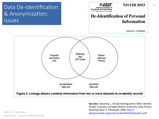 Data De-iden(ﬁca(on
& Anonymiza(on:
Issues
2016-10-17		|		UC	Berkeley	
Alasdair	Cohen		|		Lecture	for	Publich	Health	250B	
66	
See	also:	Sweeney	L.,	Simple	Demographics	Ojen	Iden)fy	
People	Uniquely,	Carnegie	Mellon	University,	Data	Privacy	
Working	Paper	3,	Piksburgh,	2000.	hkp://
dataprivacylab.org/projects/iden)ﬁability/paper1.pdf		
 