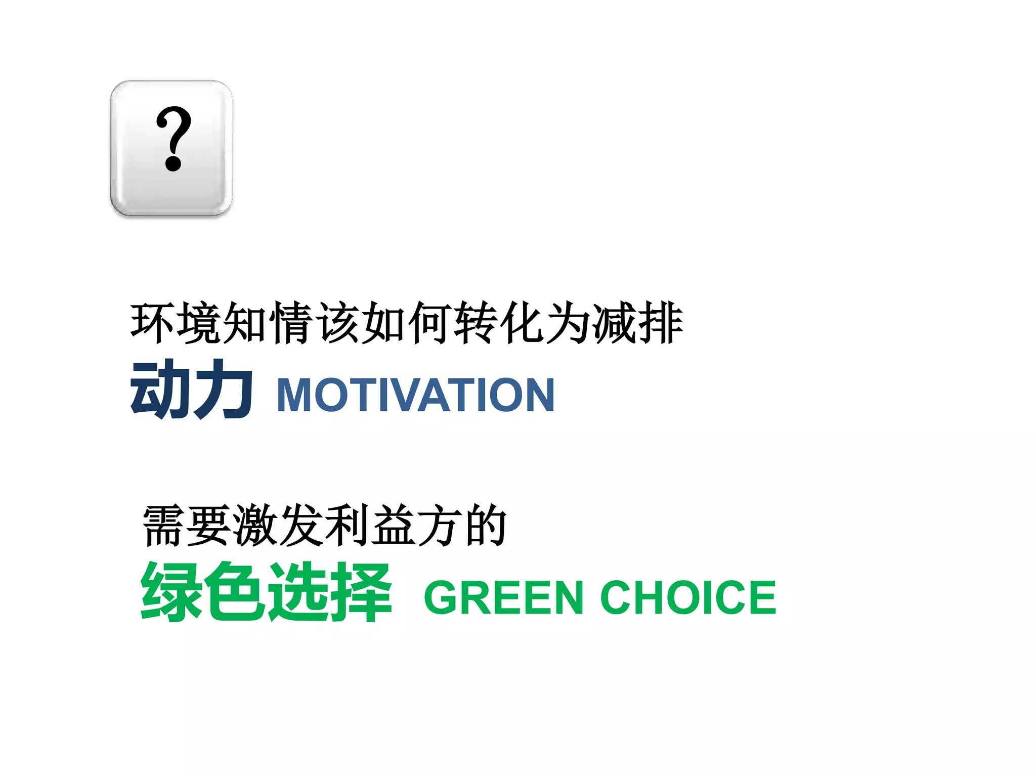需要激发利益方的
绿色选择 GREEN CHOICE
？
环境知情该如何转化为减排
动力 MOTIVATION
 