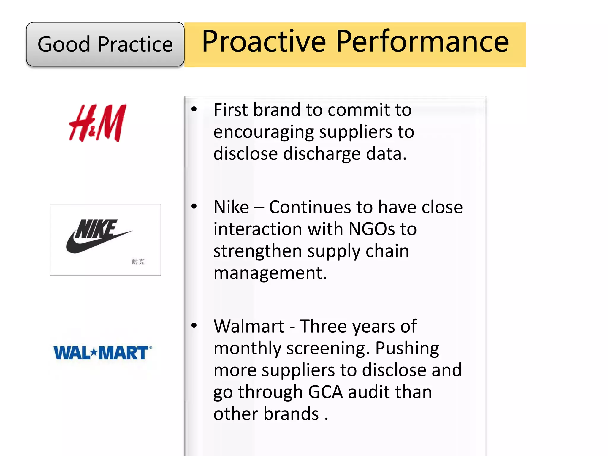 • First brand to commit to
encouraging suppliers to
disclose discharge data.
• Nike – Continues to have close
interaction with NGOs to
strengthen supply chain
management.
• Walmart - Three years of
monthly screening. Pushing
more suppliers to disclose and
go through GCA audit than
other brands .
Good Practice Proactive Performance
 