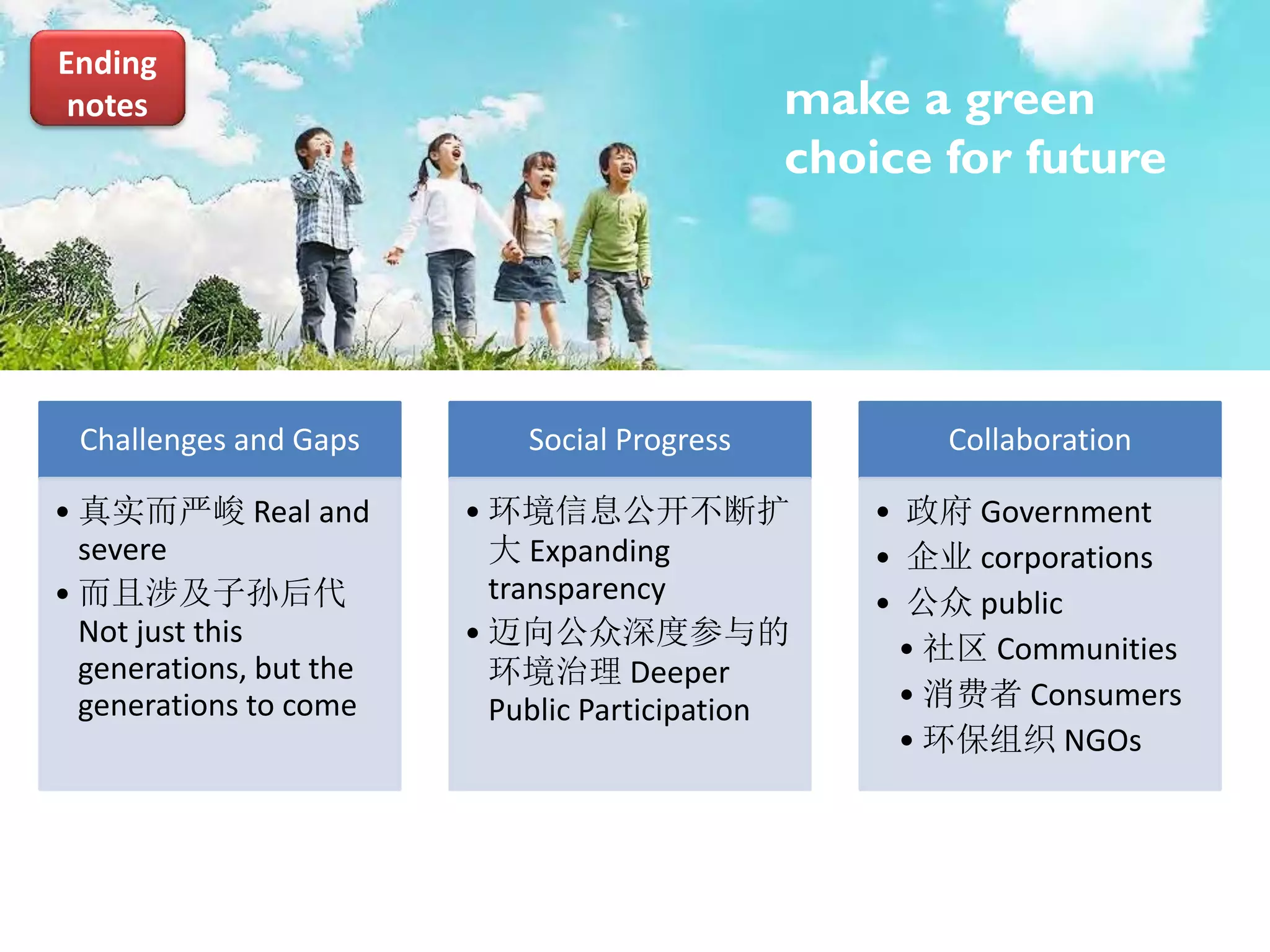 Challenges and Gaps
• 真实而严峻 Real and
severe
• 而且涉及子孙后代
Not just this
generations, but the
generations to come
Social Progress
• 环境信息公开不断扩
大 Expanding
transparency
• 迈向公众深度参与的
环境治理 Deeper
Public Participation
Collaboration
• 政府 Government
• 企业 corporations
• 公众 public
• 社区 Communities
• 消费者 Consumers
• 环保组织 NGOs
Make a green
choice for future
Ending
notes make a green
choice for future
 