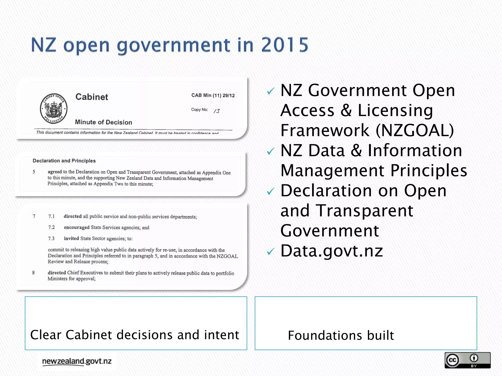  NZ Government Open
Access & Licensing
Framework (NZGOAL)
NZ Data & Information
Management Principles
Declaration on Open
and Transparent
Government
Data.govt.nz
Clear Cabinet decisions and intent Foundations built