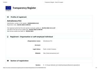 3/18/2021 Transparency Register - Search the register
https://ec.europa.eu/transparencyregister/public/consultation/displaylobbyist.do?id=249402638316-62 1/7
 Profile of registrant
 Registrant : Organisation or self-employed individual
 Section of registration
AstraZeneca PLC
Identification number in the register: 249402638316-62
Registration date: 28/05/2020 10:08:49
The registrant performed the last (partial or annual) update on: 28/05/2020 10:11:07
The date of the last annual update was: 28/05/2020 10:08:49
Next annual update due latest on: 28/05/2021
(Organisation) name: AstraZeneca PLC
Acronym:
Legal status: Public Limited Company
Website: http://www.astrazeneca.com
Section: II - In-house lobbyists and trade/business/professional associations
 