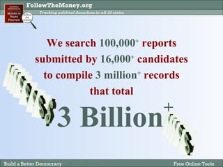 We search  100,000 +  reports submitted by  16,000 +  candidates to compile  3 million +  records that total 3 Billion + 