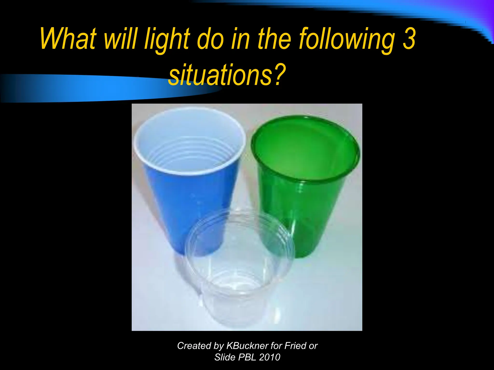 What will light do in the following 3
situations?
Created by KBuckner for Fried or
Slide PBL 2010
 