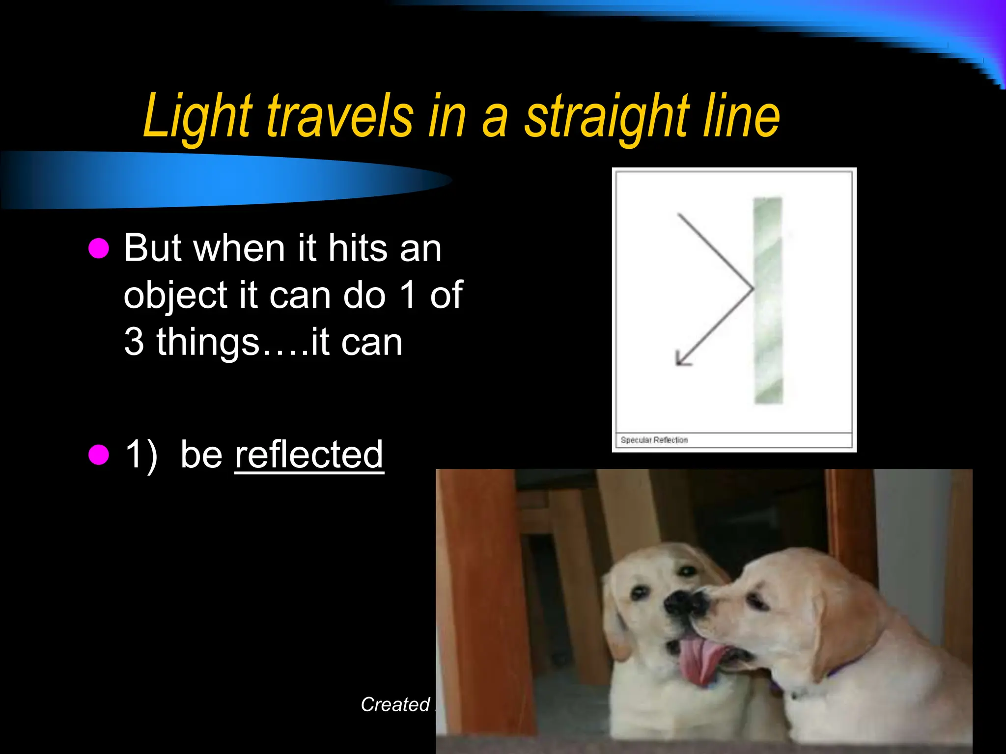 Light travels in a straight line
 But when it hits an
object it can do 1 of
3 things….it can
 1) be reflected
Created by KBuckner for Fried or
Slide PBL 2010
 