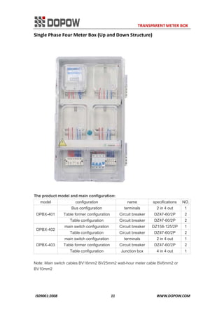                                                                     TRANSPARENT METER BOX 
IS09001:2008                                                      11                                          WWW.DOPOW.COM 
Single Phase Four Meter Box (Up and Down Structure) 
The product model and main configuration:
model configuration name specifications NO.
DPBX-401
Bus configuration terminals 2 in 4 out 1
Table former configuration Circuit breaker DZ47-60/2P 2
Table configuration Circuit breaker DZ47-60/2P 2
DPBX-402
main switch configuration Circuit breaker DZ158-125/2P 1
Table configuration Circuit breaker DZ47-60/2P 2
DPBX-403
main switch configuration terminals 2 in 4 out 1
Table former configuration Circuit breaker DZ47-60/2P 2
Table configuration Junction box 4 in 4 out 1
Note: Main switch cables BV16mm2 BV25mm2 watt-hour meter cable BV6mm2 or
BV10mm2
 