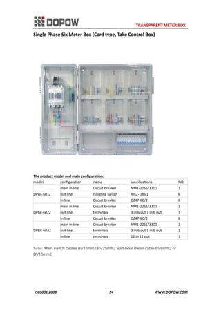                                                                     TRANSPARENT METER BOX 
IS09001:2008                                                      24                                          WWW.DOPOW.COM 
Single Phase Six Meter Box (Card type, Take Control Box) 
 
The product model and main configuration: 
model  configuration  name  specifications  NO.
DPBX‐601Z 
main in line  Circuit breaker  NM1‐225S/3300  1 
out line  Isolating switch  NH2‐100/1  6 
in line  Circuit breaker  DZ47‐60/2  6 
DPBX‐602Z 
main in line  Circuit breaker  NM1‐225S/3300  1 
out line  terminals  3 in 6 out 1 in 6 out  1 
in line  Circuit breaker  DZ47‐60/2  6 
DPBX‐603Z 
main in line  Circuit breaker  NM1‐225S/3300  1 
out line  terminals  3 in 6 out 1 in 6 out  1 
in line  terminals  12 in 12 out  1 
Note: Main switch cables BV16mm2 BV25mm2 watt-hour meter cable BV6mm2 or
BV10mm2
 
 
 
 
 
 