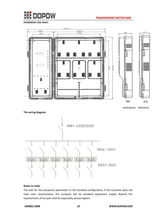                                                                    TRANSPARENT METER BOX 
IS09001:2008                                                      25                                          WWW.DOPOW.COM 
Installation size chart: 
                                                                                                             mechanical    electronic 
The wiring diagram: 
 
 
Notes to order 
The plan for the company’s parameters in the standard configuration, if the customer does not 
have  clear  requirements,  the  company  will  be  standard  equipment  supply.  Beyond  the 
requirements of the plan shall be separately, please explain. 
 