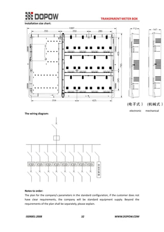                                                                     TRANSPARENT METER BOX 
IS09001:2008                                                      32                                          WWW.DOPOW.COM 
Installation size chart: 
                                                                                                                    
electronic      mechanical 
The wiring diagram: 
 
 
Notes to order: 
The plan for the company’s parameters in the standard configuration, if the customer does not 
have  clear  requirements,  the  company  will  be  standard  equipment  supply.  Beyond  the 
requirements of the plan shall be separately, please explain. 
 
 