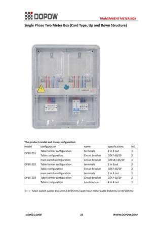                                                                     TRANSPARENT METER BOX 
IS09001:2008                                                      33                                          WWW.DOPOW.COM 
Single Phase Two Meter Box (Card Type, Up and Down Structure) 
 
The product model and main configuration: 
model  configuration  name  specifications  NO.
DPBX‐201 
Table former configuration  terminals  2 in 4 out  1 
Table configuration  Circuit breaker  DZ47‐60/2P  2 
DPBX‐202 
main switch configuration  Circuit breaker  DZ158‐125/2P  1 
Table former configuration  terminals  1 in 2out  2 
Table configuration  Circuit breaker  DZ47‐60/2P  2 
DPBX‐203 
main switch configuration  terminals  2 in 4 out  1 
Table former configuration  Circuit breaker  DZ47‐60/2P  2 
Table configuration  Junction box  4 in 4 out  1 
Note: Main switch cables BV16mm2 BV25mm2 watt‐hour meter cable BV6mm2 or BV10mm2
   
 
 
 
 