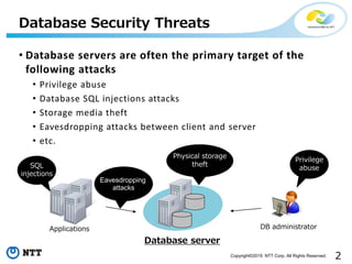 2Copyright©2019 NTT Corp. All Rights Reserved.
• Database servers are often the primary target of the
following attacks
• ...