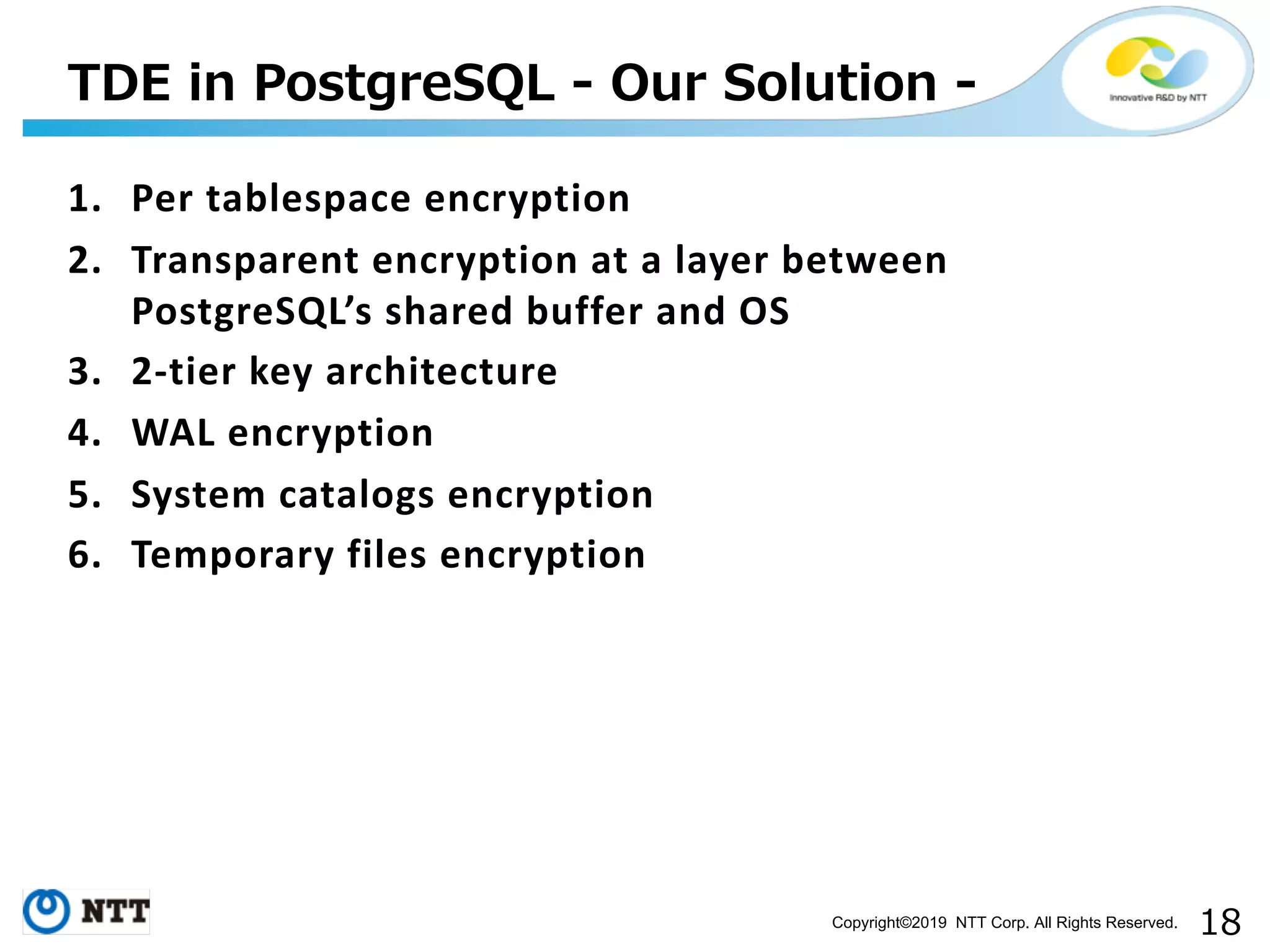 Copyright©2019 NTT Corp. All Rights Reserved. 1. Per tablespace encryption 2. Transparent encryption at a layer between PostgreSQL’s shared buffer and OS 3. 2-tier key architecture 4. WAL encryption 5. System catalogs encryption 6. Temporary files encryption - - - 