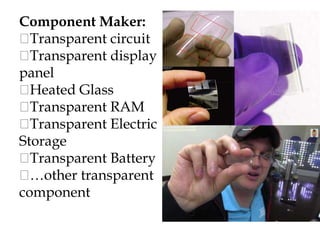 Component Maker:
Transparent circuit
Transparent display
panel
Heated Glass
Transparent RAM
Transparent Electric
Storage
Transparent Battery
…other transparent
component
 
