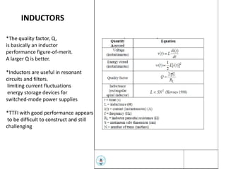 INDUCTORS
*The quality factor, Q,
is basically an inductor
performance figure-of-merit.
A larger Q is better.
*Inductors are useful in resonant
circuits and filters.
limiting current fluctuations
energy storage devices for
switched-mode power supplies
*TTFI with good performance appears
to be difficult to construct and still
challenging

 