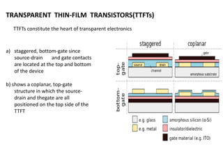 TRANSPARENT THIN-FILM TRANSISTORS(TTFTs)
TTFTs constitute the heart of transparent electronics

a) staggered, bottom-gate since
source-drain
and gate contacts
are located at the top and bottom
of the device
b) shows a coplanar, top-gate
structure in which the sourcedrain and thegate are all
positioned on the top side of the
TTFT

 