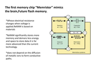 The first memory chip “Memristor” mimics
the brain,Future flash memory.
*Whose electrical resistance
changes when voltage is
applied.ReRAM is based on
materials
*ReRAM significantly stores more
memory and demans less energy
and space to store data.It is far
more advanced than the current
technology.
*does not depend on the diffusion
of metallic ions to form conductive
paths.

 