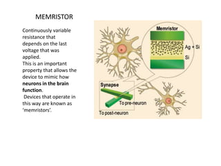 MEMRISTOR
Continuously variable
resistance that
depends on the last
voltage that was
applied.
This is an important
property that allows the
device to mimic how
neurons in the brain
function.
Devices that operate in
this way are known as
‘memristors’.

 