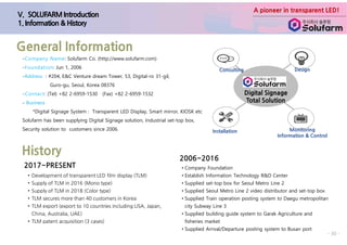 A pioneer in transparent LED!
- 30 -
• Development of transparent LED film display (TLM)
• Supply of TLM in 2016 (Mono type)
• Supply of TLM in 2018 (Color type)
• TLM secures more than 40 customers in Korea
• TLM export (export to 10 countries including USA, Japan,
China, Australia, UAE)
• TLM patent acquisition (3 cases)
2017~PRESENT • Company Foundation
• Establish Information Technology R&D Center
• Supplied set-top box for Seoul Metro Line 2
• Supplied Seoul Metro Line 2 video distributor and set-top box
• Supplied Train operation posting system to Daegu metropolitan
city Subway Line 3
• Supplied building guide system to Garak Agriculture and
fisheries market
• Supplied Arrival/Departure posting system to Busan port
2006~2016
-Company Name: Solufarm Co. (http://www.solufarm.com)
-Foundation: Jun 1, 2006
-Address : #204, E&C Venture dream Tower, 53, Digital-ro 31-gil,
Guro-gu, Seoul, Korea 08376
-Contact: (Tel) +82 2-6959-1530 (Fax) +82 2-6959-1532
- Business
*Digital Signage System : Transparent LED Display, Smart mirror, KIOSK etc
Solufarm has been supplying Digital Signage solution, Industrial set-top box,
Security solution to customers since 2006.
General Information
History
Digital Signage
Total Solution
Consulting
Installation
Design
Monitoring
Information & Control
 