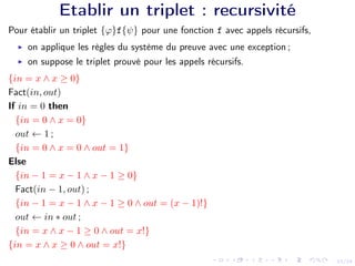 23/24
Etablir un triplet : recursivité
Pour établir un triplet {ϕ}f{ψ} pour une fonction f avec appels récursifs,
I on applique les règles du système du preuve avec une exception ;
I on suppose le triplet prouvé pour les appels récursifs.
{in = x ∧ x ≥ 0}
Fact(in, out)
If in = 0 then
{in = 0 ∧ x = 0}
out ← 1 ;
{in = 0 ∧ x = 0 ∧ out = 1}
Else
{in − 1 = x − 1 ∧ x − 1 ≥ 0}
Fact(in − 1, out) ;
{in − 1 = x − 1 ∧ x − 1 ≥ 0 ∧ out = (x − 1)!}
out ← in ∗ out ;
{in = x ∧ x − 1 ≥ 0 ∧ out = x!}
{in = x ∧ x ≥ 0 ∧ out = x!}
 
