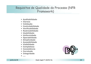 10 de Mai de 2010 Requisitos de Qualidade do Processo (NFR Framework) Auditabilidade Clareza Validação Controlabilidade Verificabilidade Rastreabilidade Usabilidade Uniformidade Operabilidade Simplicidade Acessibilidade Visibilidade Completeza Consistência Corretude Integridade .... 
