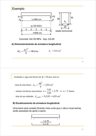 23
Exemplo
20 20o
k
s
Concreto: fck=30 MPa Aço: CA-50
A) Dimensionamento da armadura longitudinal
90
8
2
==
lp
M k
k kNm 61,5=sA cm2
24
Armando a viga com barras de 16=φ mm, tem-se:
- área de uma barra: 01,2
4
2
1 ==
πφ
sA cm2
- número de barras necessárias: 379,2
01,2
61,5
=⇒== nn barras
- área de aço adotada: 03,601,23, == xA adots cm2
B) Escalonamento da armadura longitudinal
Uma barra será cortada (ficando mais curta que o vão) e duas barras
serão passadas de apoio a apoio.
 