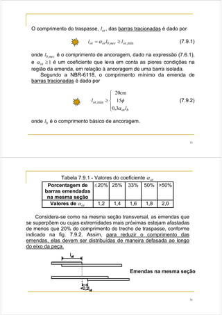 33
O comprimento do traspasse, otl , das barras tracionadas é dado por
min,, otnecbotot lll ≥= α (7.9.1)
onde necbl , é o comprimento de ancoragem, dado na expressão (7.6.1),
e 1≥otα é um coeficiente que leva em conta as piores condições na
região da emenda, em relação à ancoragem de uma barra isolada.
Segundo a NBR-6118, o comprimento mínimo da emenda de
barras tracionadas é dado por
⎪
⎩
⎪
⎨
⎧
≥
b
ot
l
l
ot
min,
0,3
15
cm20
α
φ (7.9.2)
onde bl é o comprimento básico de ancoragem.
34
Tabela 7.9.1 - Valores do coeficiente otα
Porcentagem de
barras emendadas
na mesma seção
≤20% 25% 33% 50% >50%
Valores de otα 1,2 1,4 1,6 1,8 2,0
Considera-se como na mesma seção transversal, as emendas que
se superpõem ou cujas extremidades mais próximas estejam afastadas
de menos que 20% do comprimento do trecho de traspasse, conforme
indicado na fig. 7.9.2. Assim, para reduzir o comprimento das
emendas, elas devem ser distribuídas de maneira defasada ao longo
do eixo da peça.
Emendas na mesma seção
 